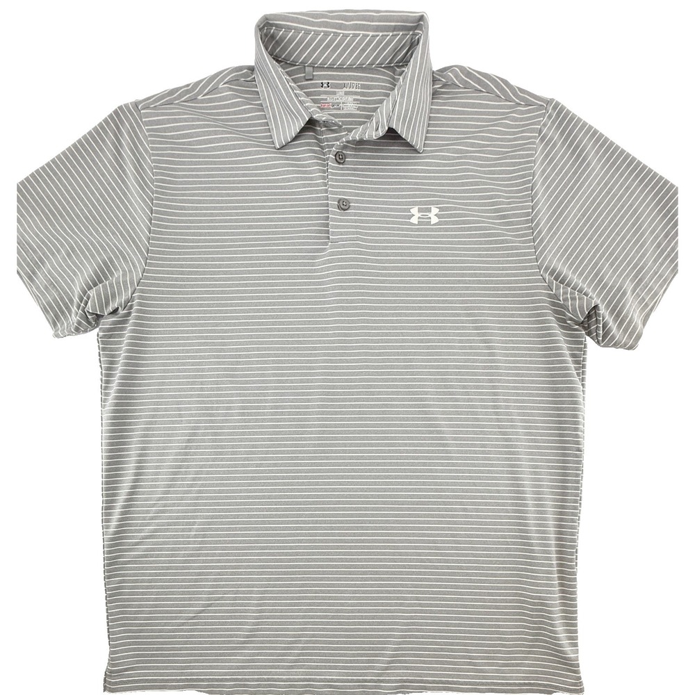 Under Armour HeatGear Polo Shirt Mens XL Gray Striped Golf Athletic Short Sleeve